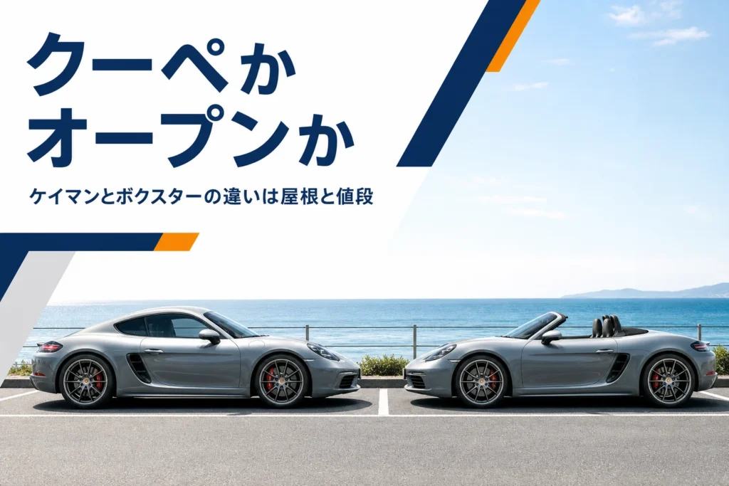 海沿いに停めた屋根付きのクーペと屋根を開けたオープンカー