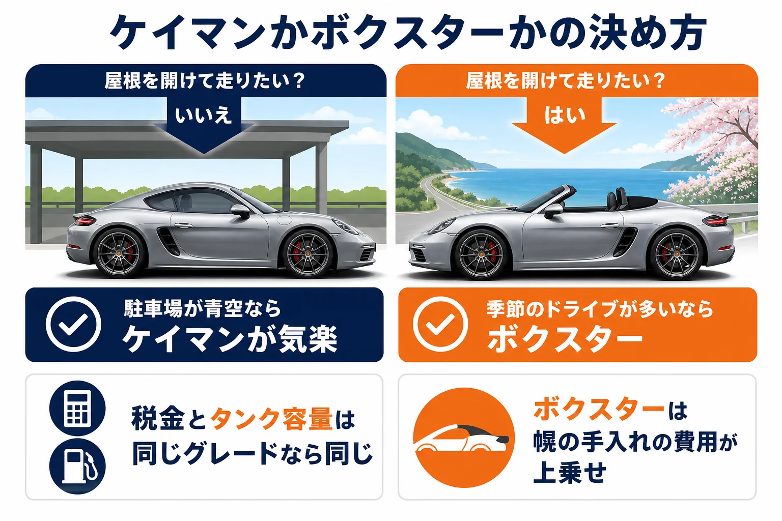 ケイマンとボクスターを選ぶ時の実用面の違いを並べた図解