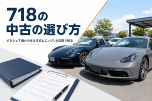 展示場に並ぶクーペとオープンカーと点検記録簿