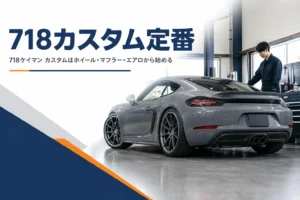 ガレージに停めたカスタム済みのミッドシップクーペの後ろ姿