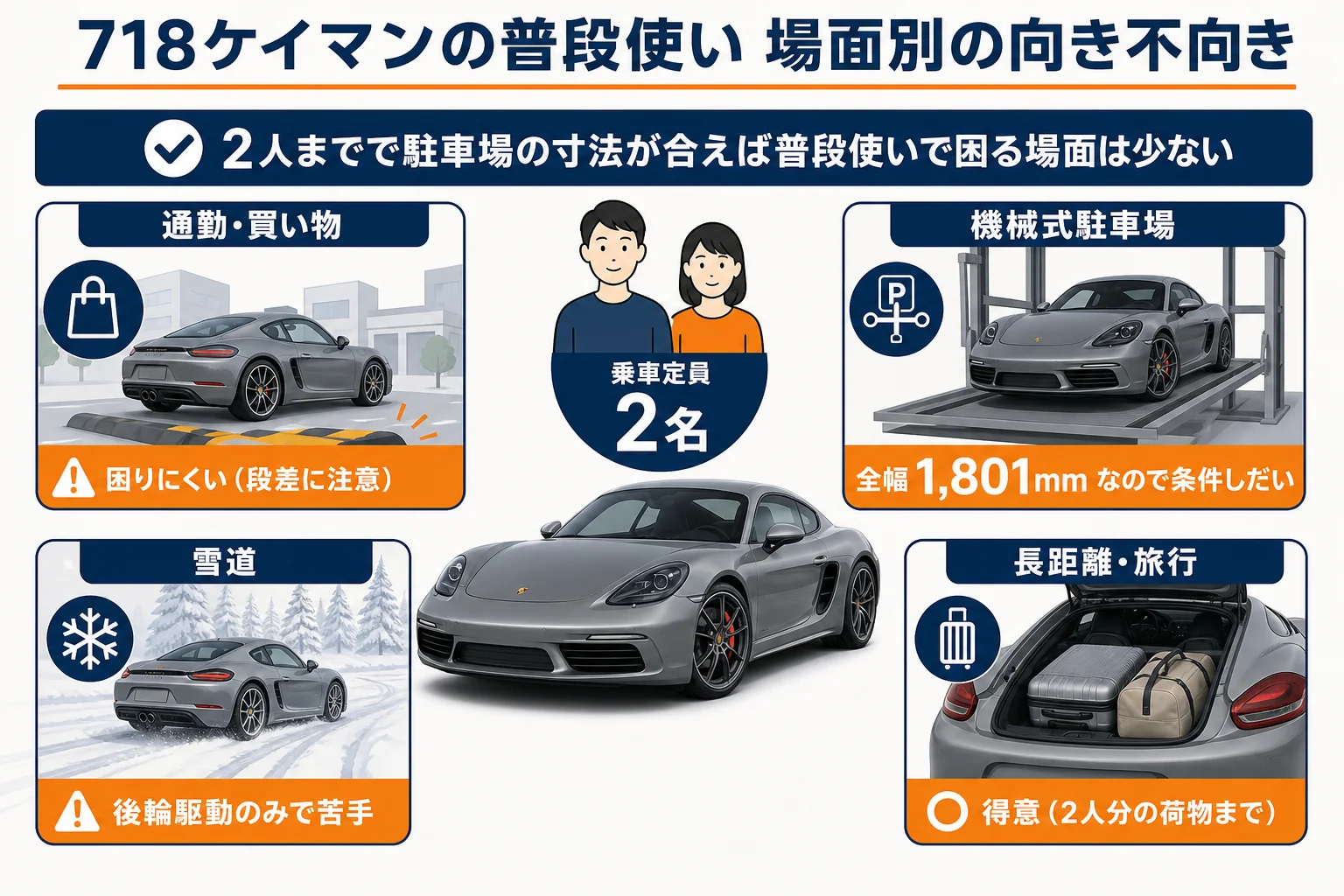 718ケイマンの普段使いを場面別に見た図解