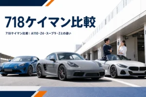 ピットロードに並んだ形の違う2人乗りスポーツカー