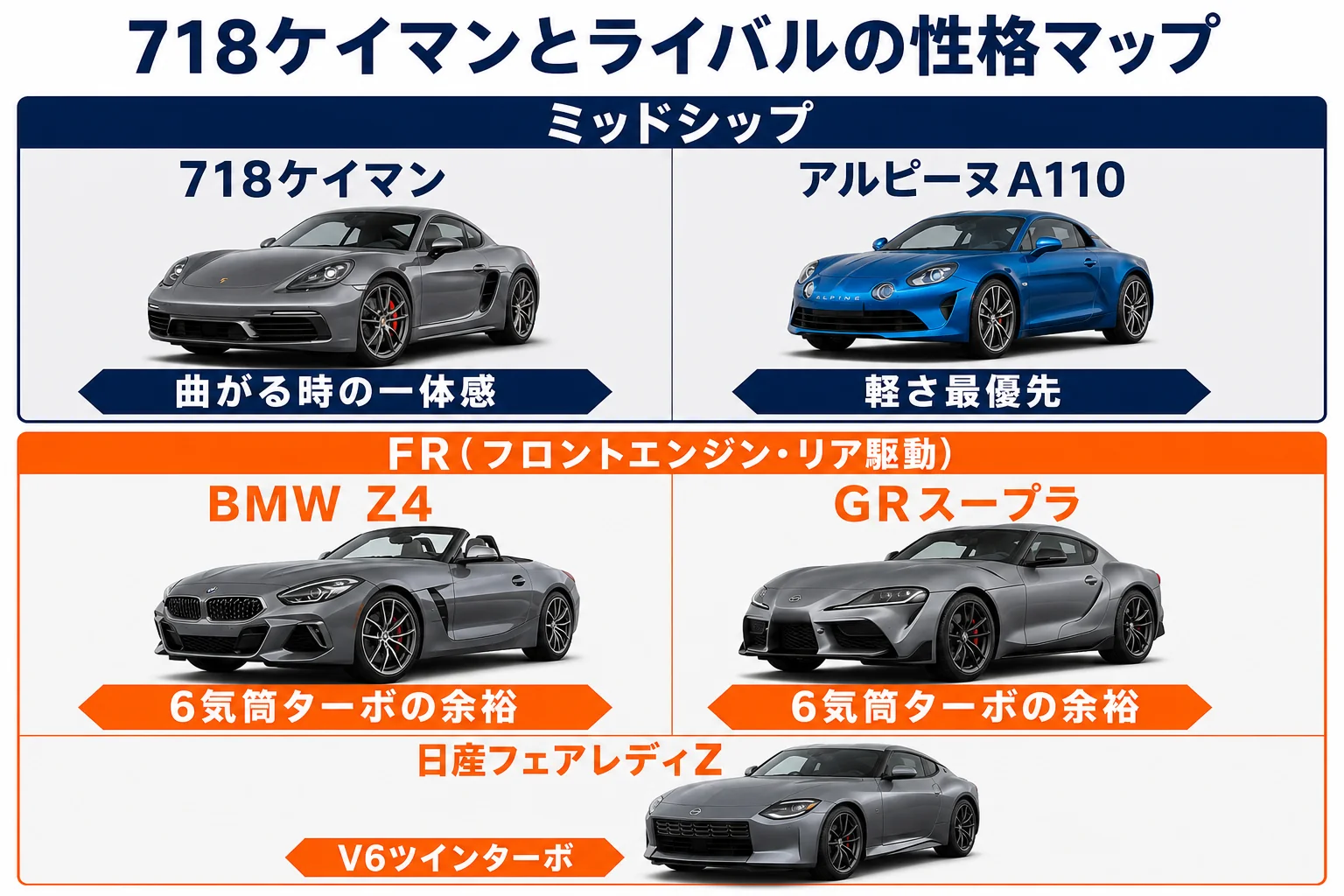 718ケイマンとライバル4車の性格をマップにした図解