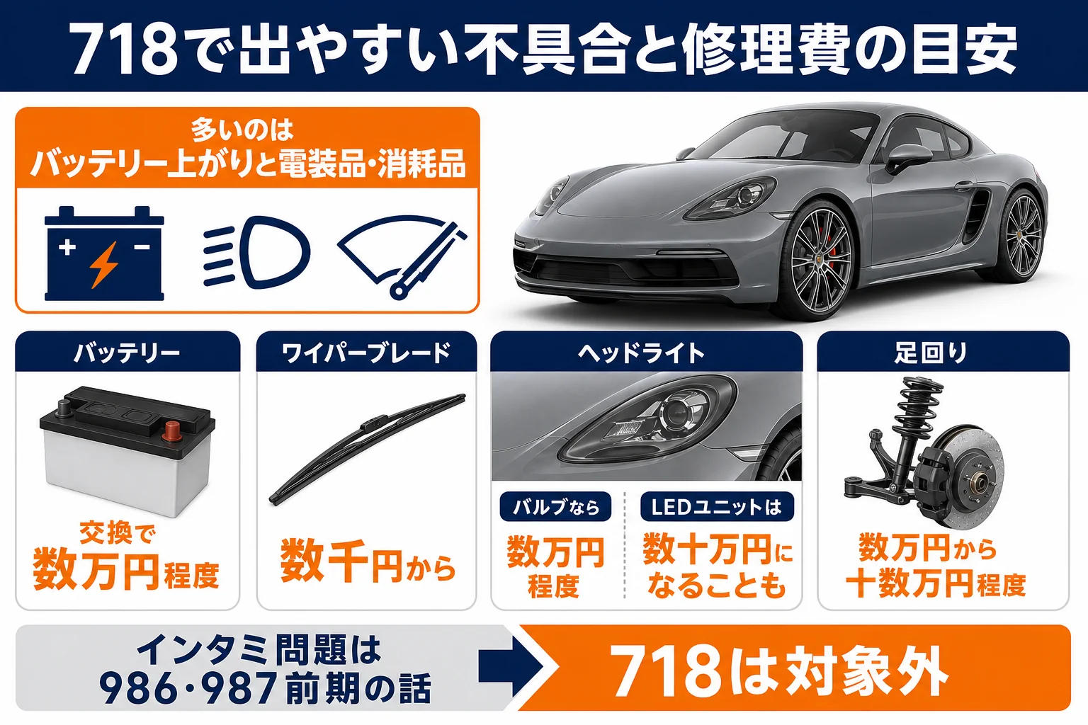 ポルシェ718の故障しやすい箇所と修理費の目安を示した図解