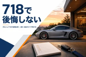ガレージに停まったミッドシップクーペと買う前のチェックメモ