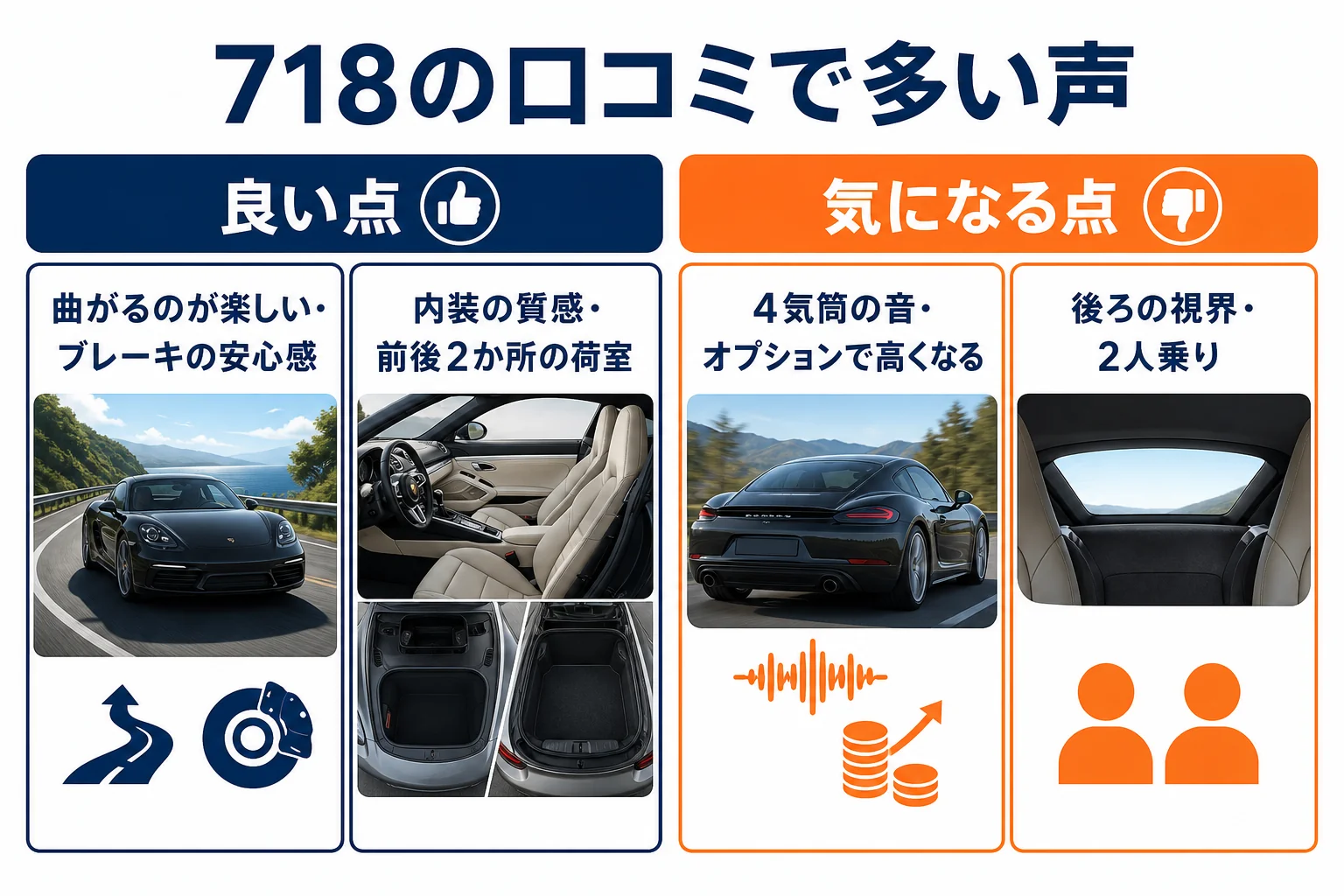 ポルシェ718の口コミで多い良い点と気になる点を示した図解