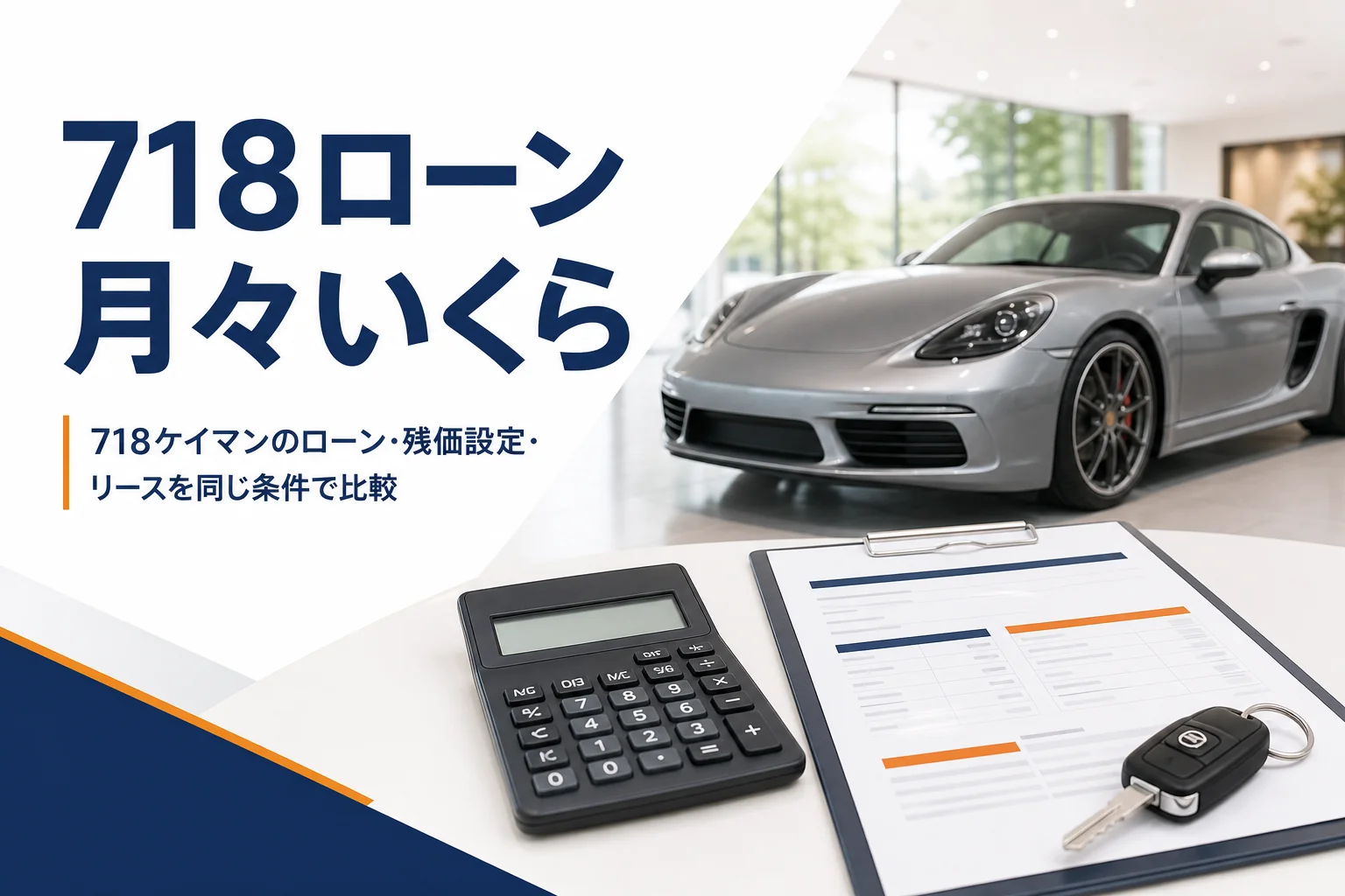 電卓とローンの見積書、車のキーが置かれたショールームのテーブル