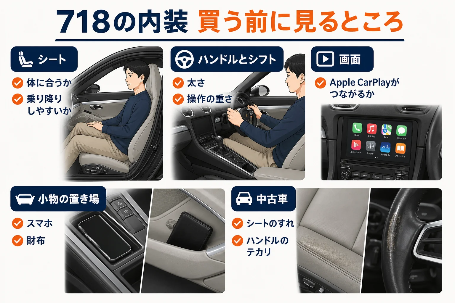 ポルシェ718の内装で買う前に見るポイントをまとめた図解
