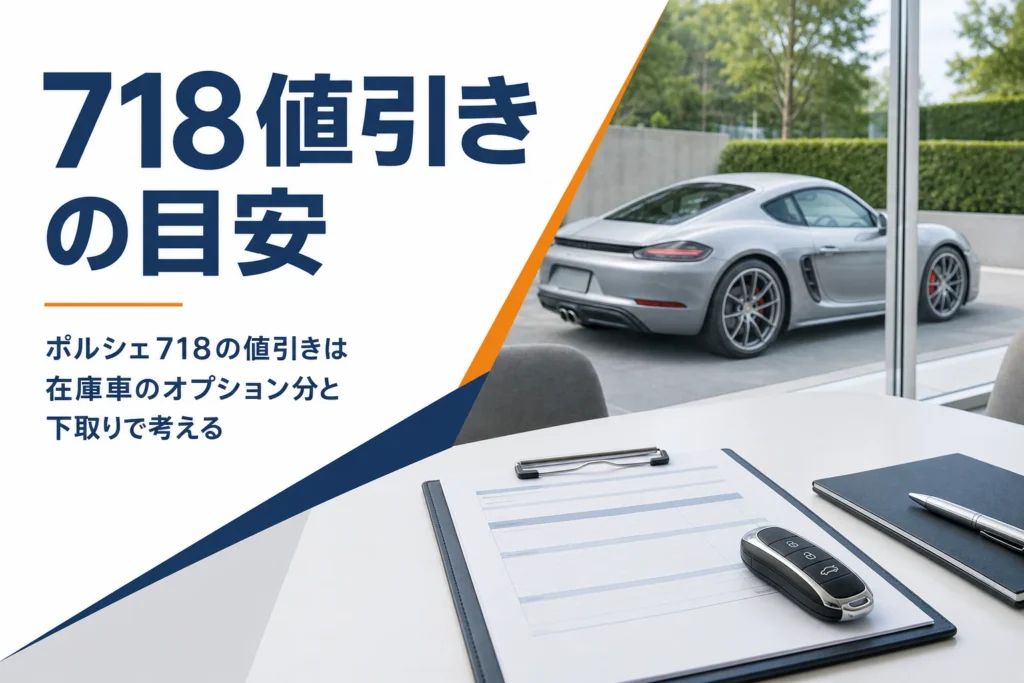 商談テーブルの見積書と車のキー、奥に停まるスポーツカー