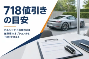 商談テーブルの見積書と車のキー、奥に停まるスポーツカー