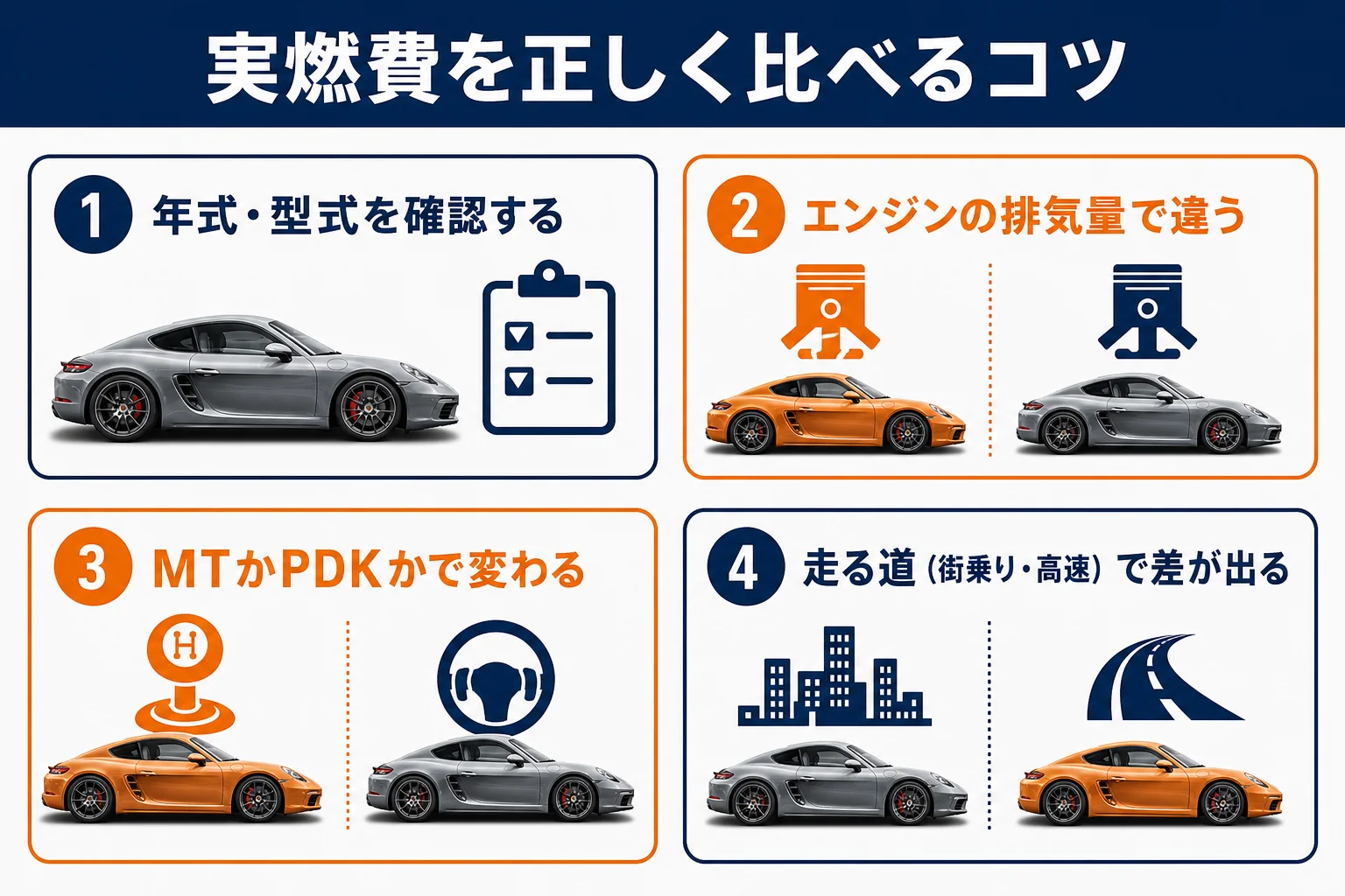 ネットの実燃費を比べる際に確認すべきポイントを整理した図解