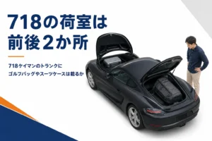前後の荷室を開けたミッドシップクーペ
