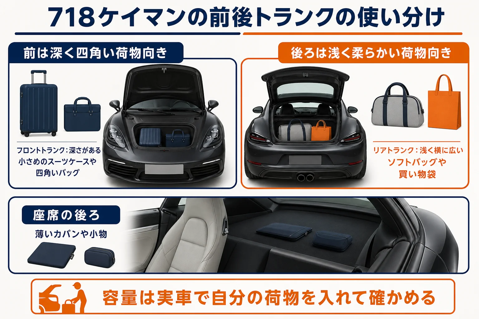 718ケイマンの前後トランクの位置と向いている荷物の図解