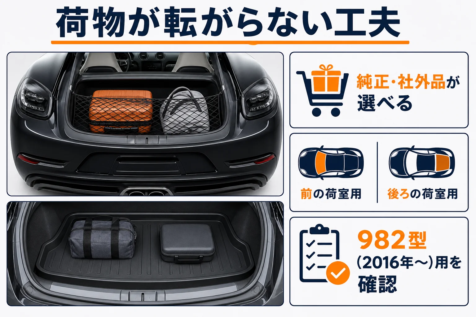 718ケイマンの荷室でラゲッジネットやトレイを使い荷物を固定する工夫の図解