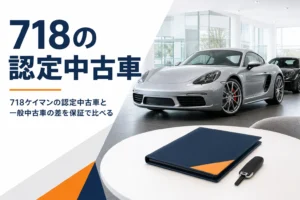 ショールームに並ぶクーペと保証書のファイル