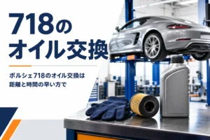 整備工場の作業台に置かれたオイルのボトルとフィルター