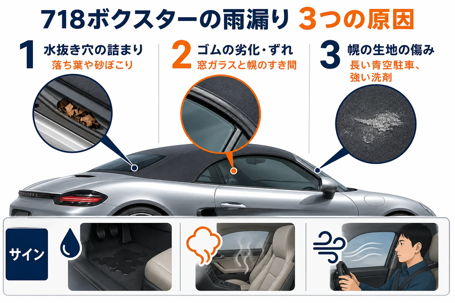718ボクスターの雨漏りの原因を場所ごとに示した図解