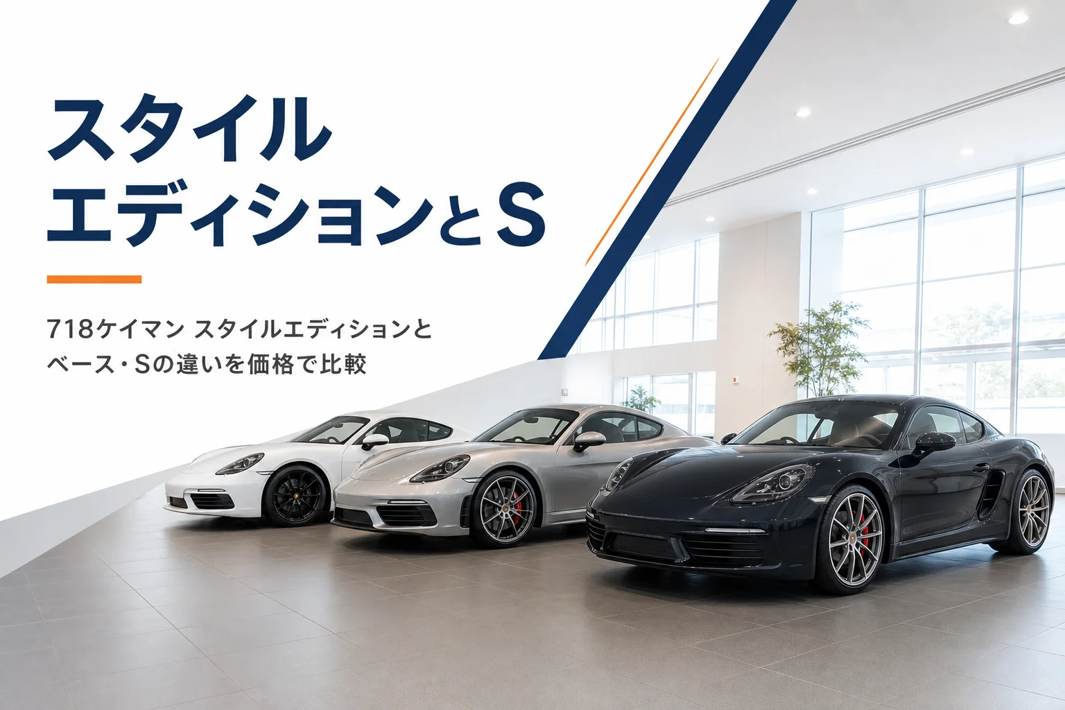 ホイールや色の違う3台のミッドシップクーペが並ぶショールーム