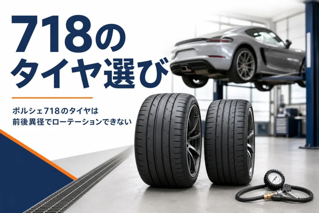 整備工場に並んだ幅の違うタイヤと空気圧ゲージ