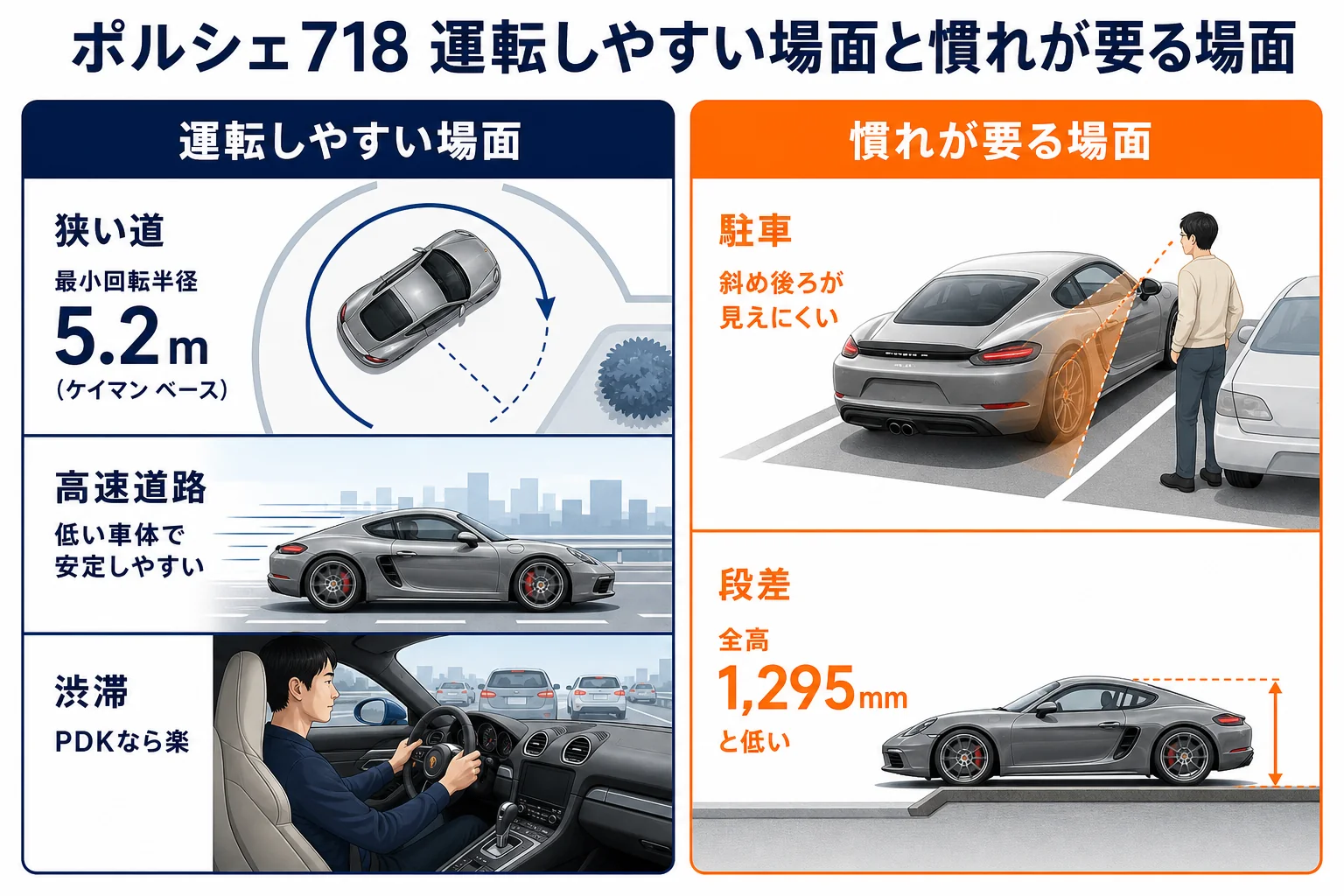 ポルシェ718の運転しやすい場面と慣れが要る場面の図解