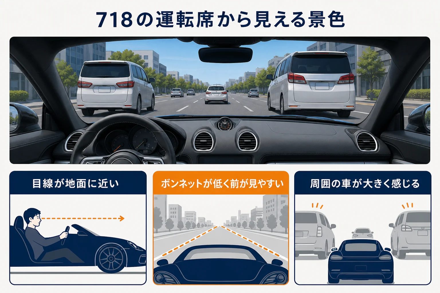 ポルシェ718の運転席から見える景色と目線の特徴を示した図解