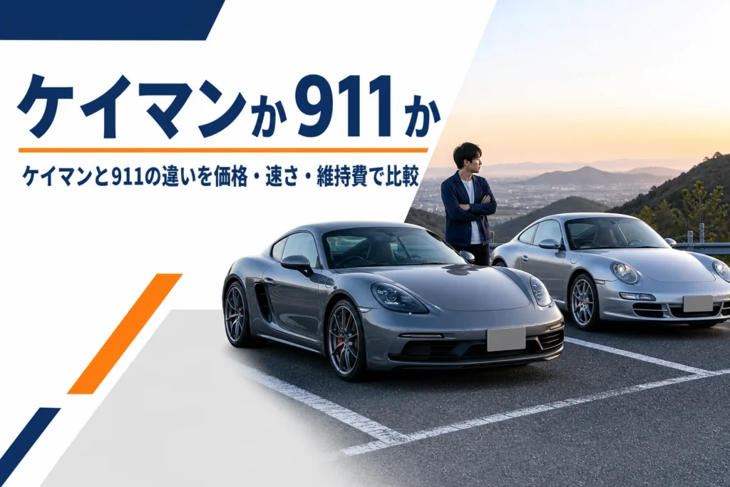 駐車スペースに並んだミッドシップのクーペとリアエンジンのスポーツカー