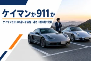 駐車スペースに並んだミッドシップのクーペとリアエンジンのスポーツカー