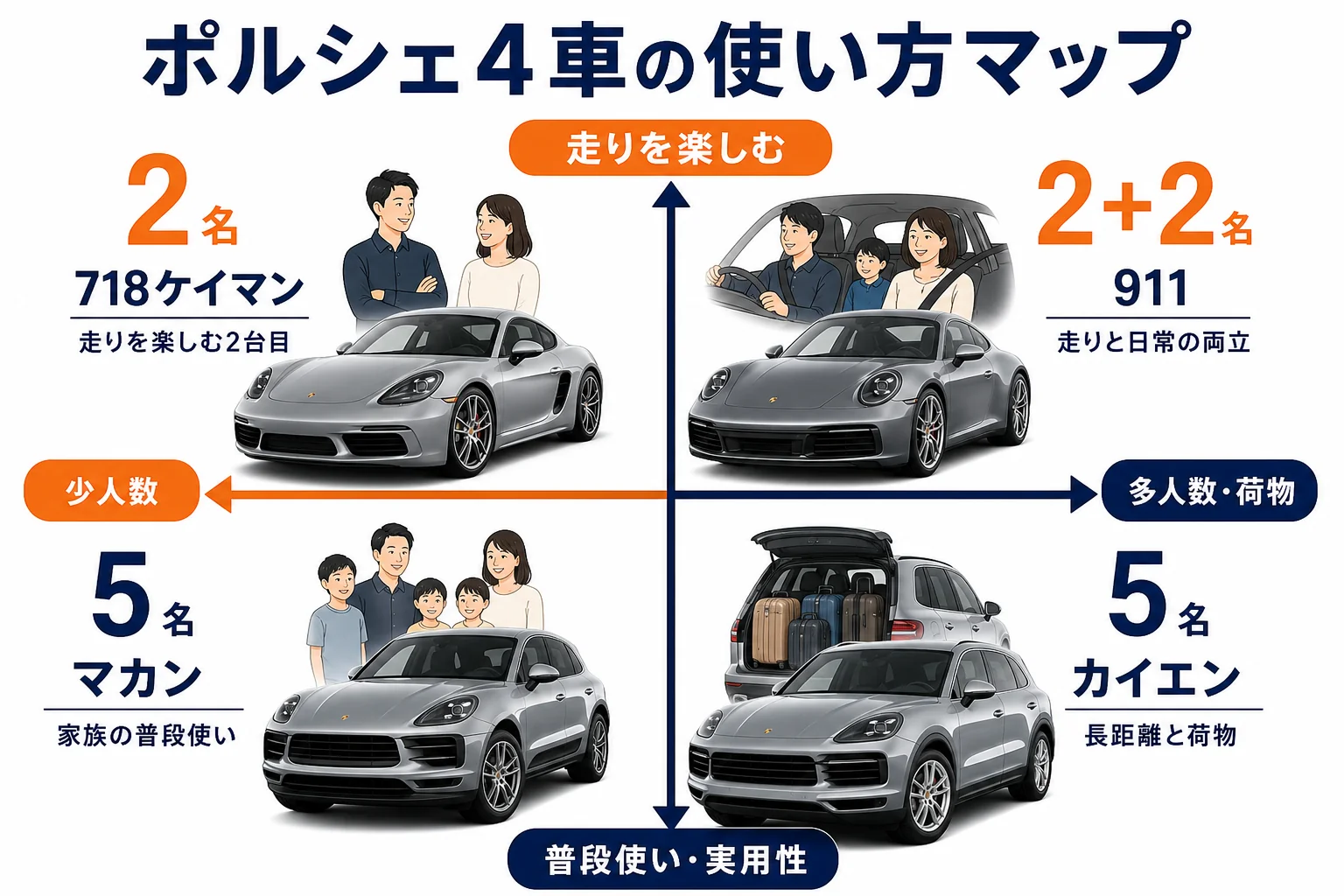 718ケイマン・911・マカン・カイエンの使い方の違いを示した図解