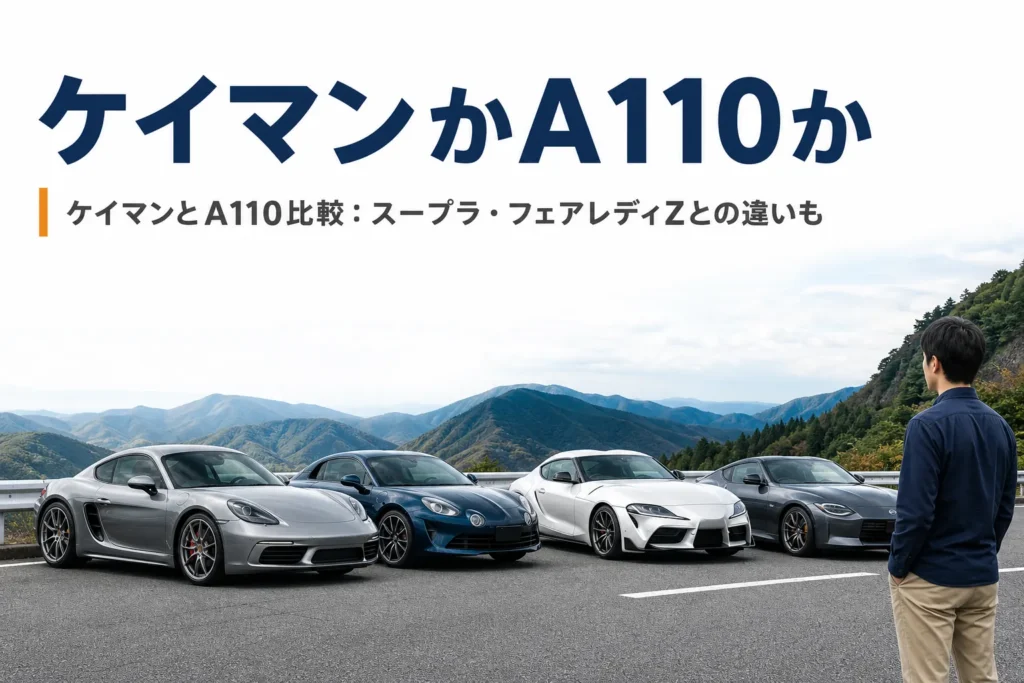 ワインディングの路肩に並んだミッドシップとFRのスポーツカー