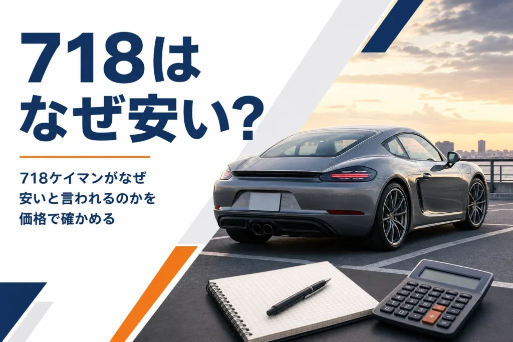 夕方の駐車場に停まったミッドシップのクーペと電卓