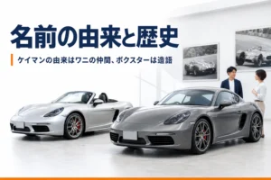 ショールームに並んだクーペとオープンカー、背景に古いレーシングカーの額